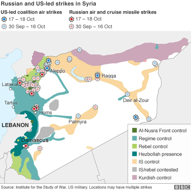 Map of Syria showing control by warring parties and air strikes (21 Oct 2015)